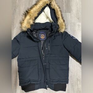 Superdry Dark Blue Bomber Jacket with Faux Fur Hood